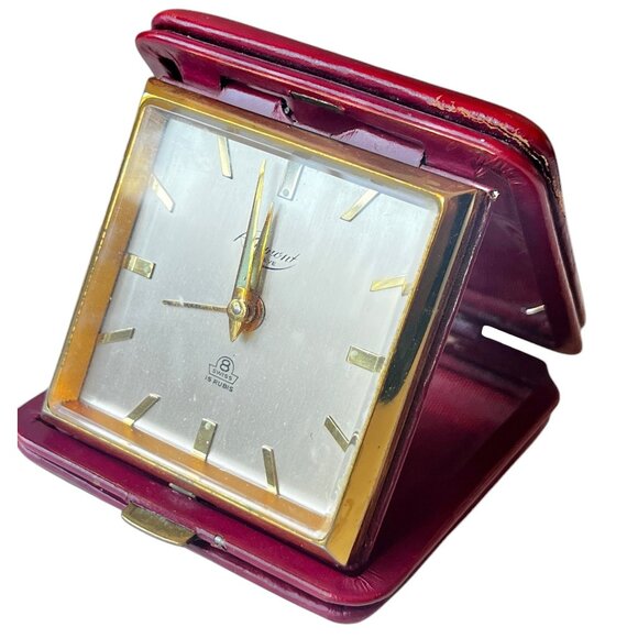 Rosemont Travel Alarm Clock W/  Burgundy Leather Case 15 Rubis Swiss Made Geneva - Picture 2 of 16